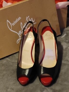 Christian Louboutin Black Leather Peep Toe Slingbacks Size 9
